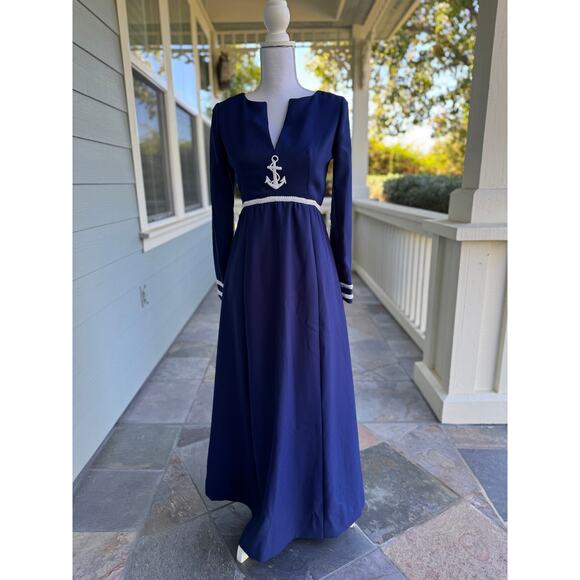 Vintage Navy Nautical Anchor Maxi Dress, Long Sleeve V-Neck Small | QUICK SHIP - Picture 1 of 7